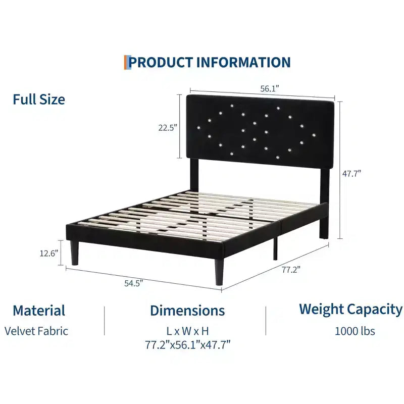 Velvet Upholstered Platform Bed Frame with Channel Tufted Headboard & Wood Slats
