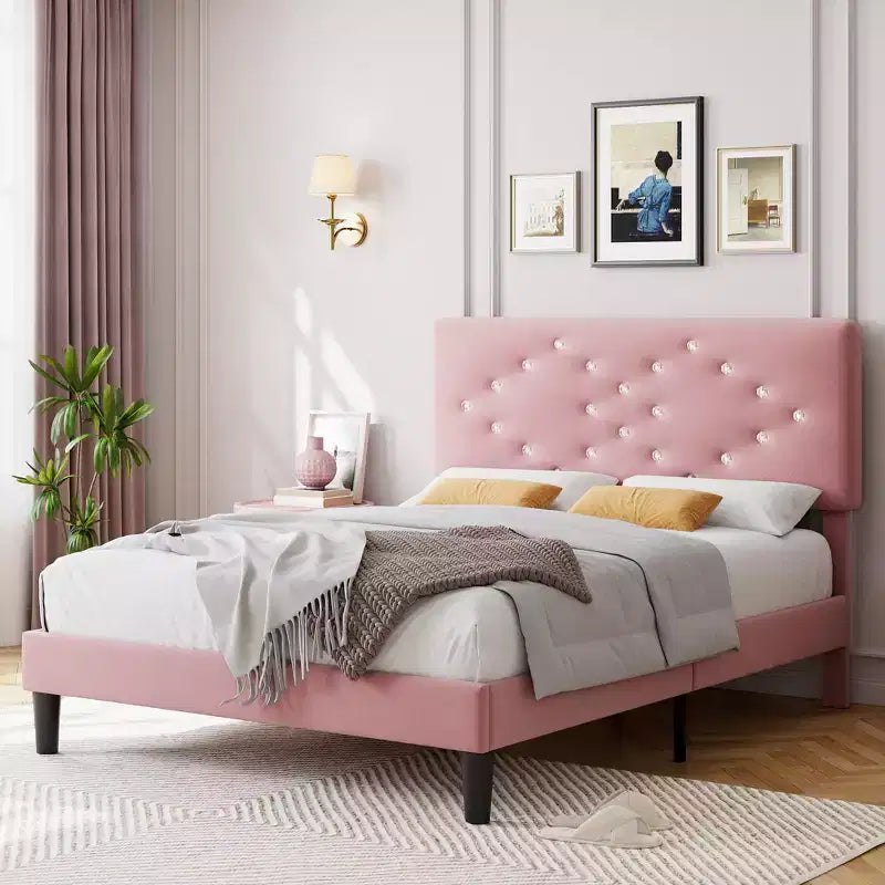 Velvet Upholstered Platform Bed Frame with Channel Tufted Headboard & Wood Slats