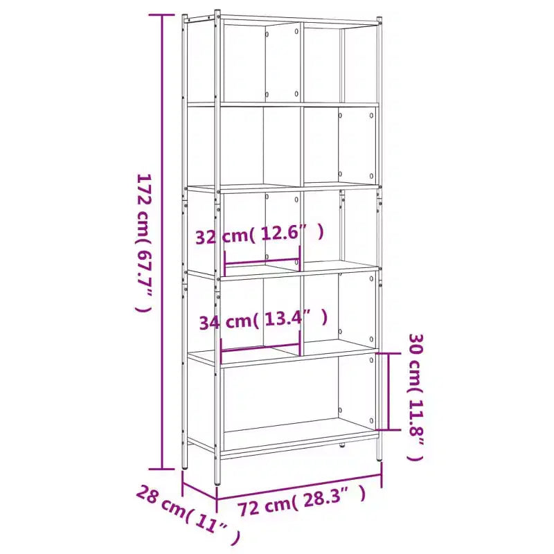 Smoked Oak Standing Bookcase with Steel Frame – 5 Shelves for Office & Living Room