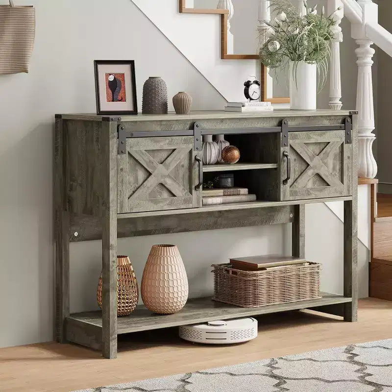RoyalCraft Tavolo Consolle da Ingresso Stile Fattoria con Ripiani Portaoggetti, Anta Scorrevole a Granaio e Ampio Piano d'Appoggio per Soggiorno o Foyer, Grigio Chiaro