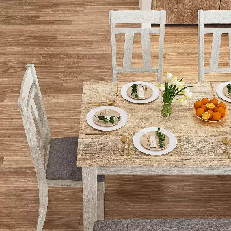 6-Piece Rustic Dining Table Set with 4 Upholstered Chairs & Bench – Rubber Wood Legs, Gray