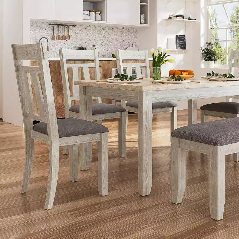 6-Piece Rustic Dining Table Set with 4 Upholstered Chairs & Bench – Rubber Wood Legs, Gray