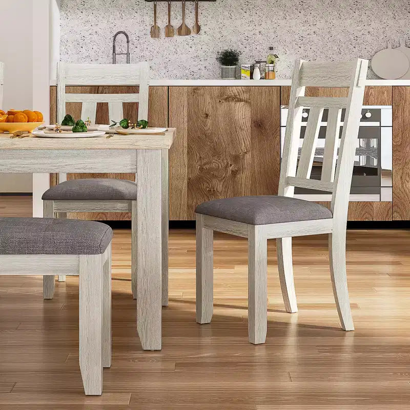 6-Piece Rustic Dining Table Set with 4 Upholstered Chairs & Bench – Rubber Wood Legs, Gray