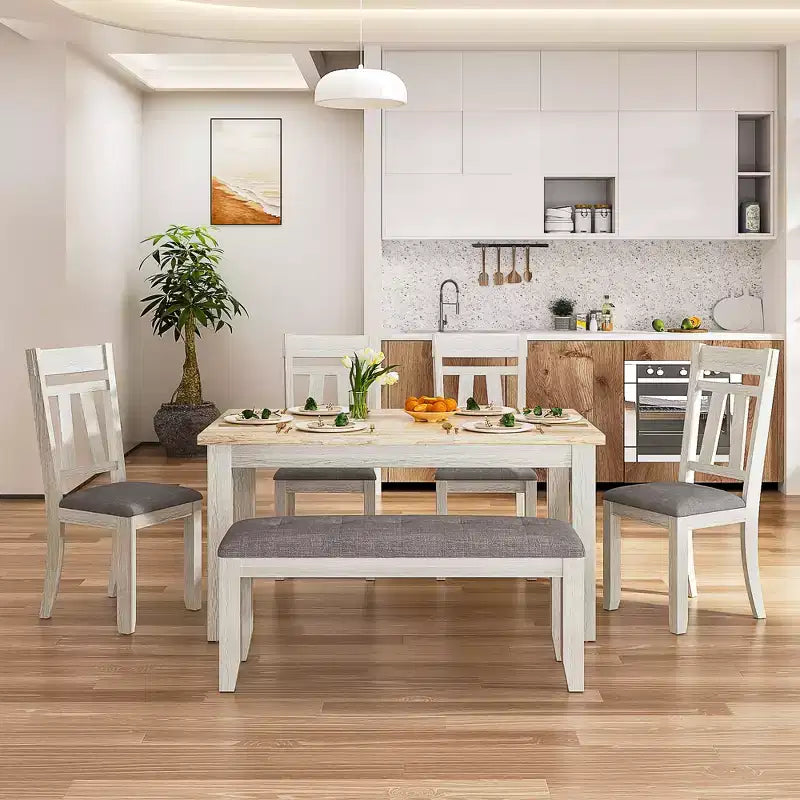 6-Piece Rustic Dining Table Set with 4 Upholstered Chairs & Bench – Rubber Wood Legs, Gray