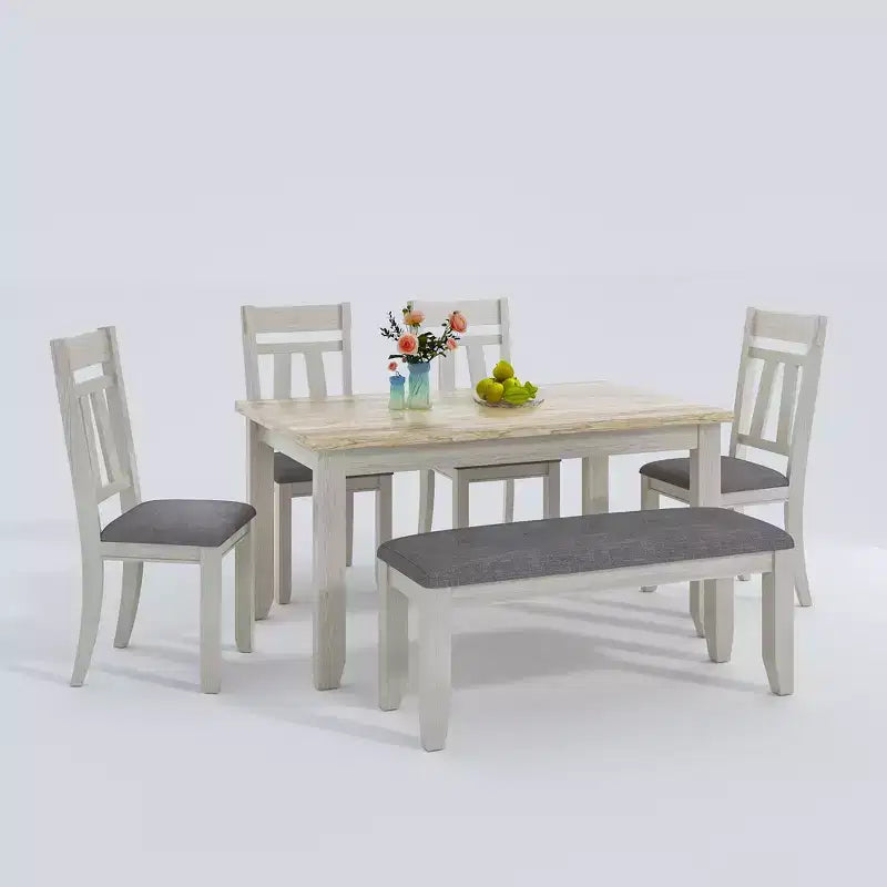 6-Piece Rustic Dining Table Set with 4 Upholstered Chairs & Bench – Rubber Wood Legs, Gray