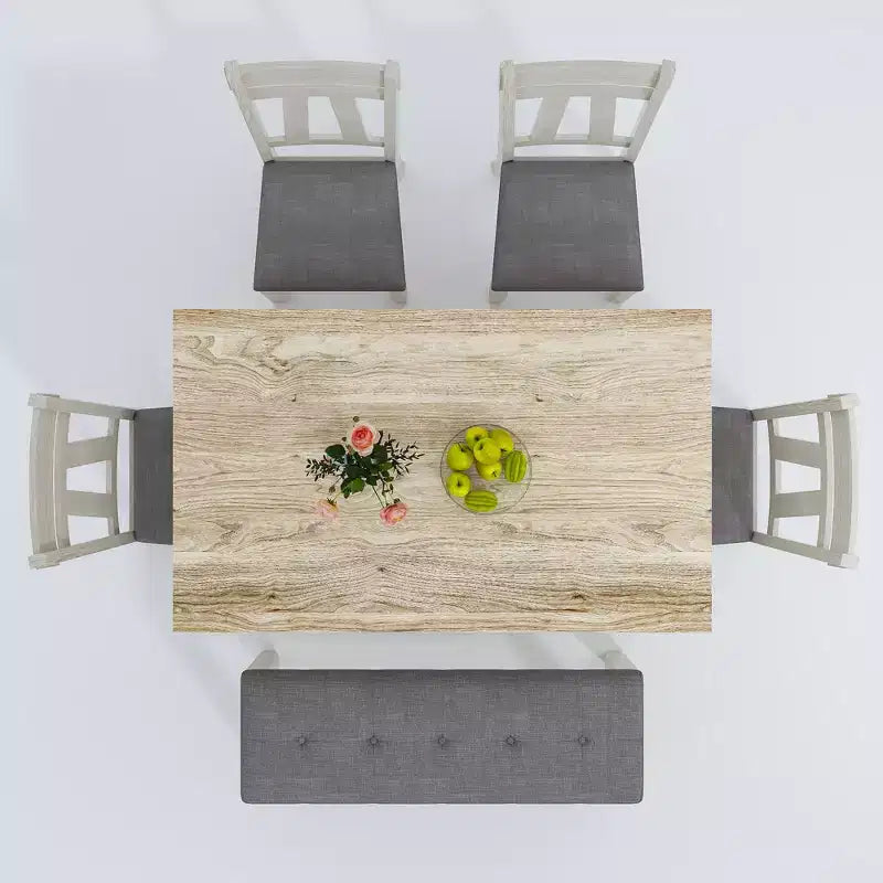 6-Piece Rustic Dining Table Set with 4 Upholstered Chairs & Bench – Rubber Wood Legs, Gray