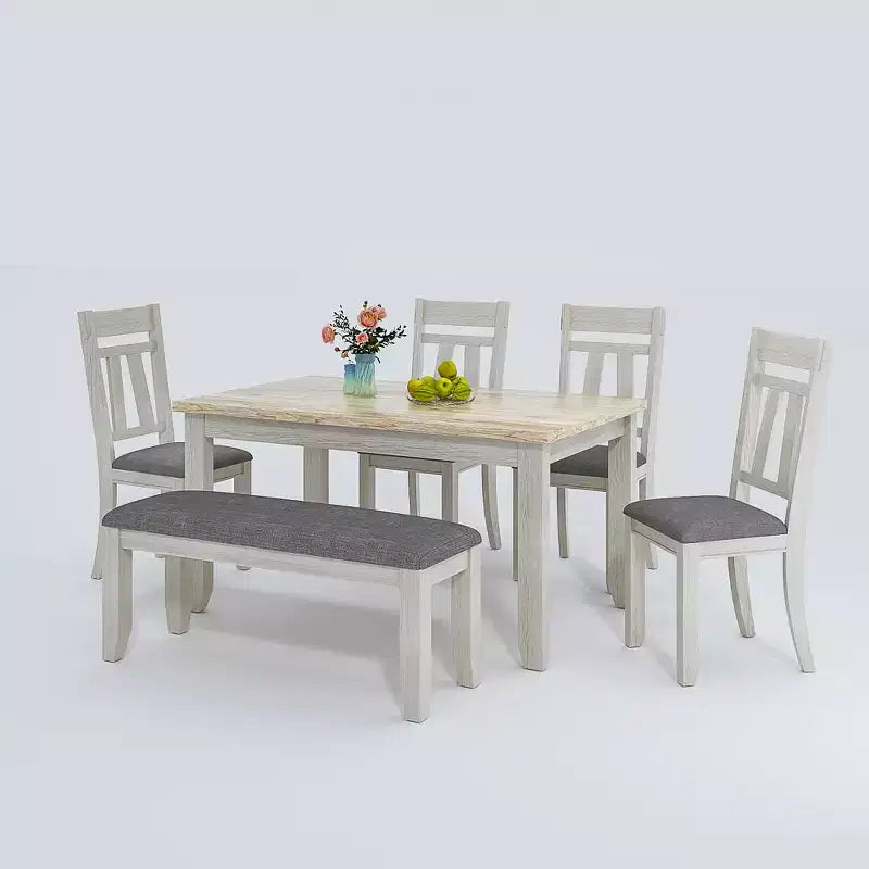 6-Piece Rustic Dining Table Set with 4 Upholstered Chairs & Bench – Rubber Wood Legs, Gray