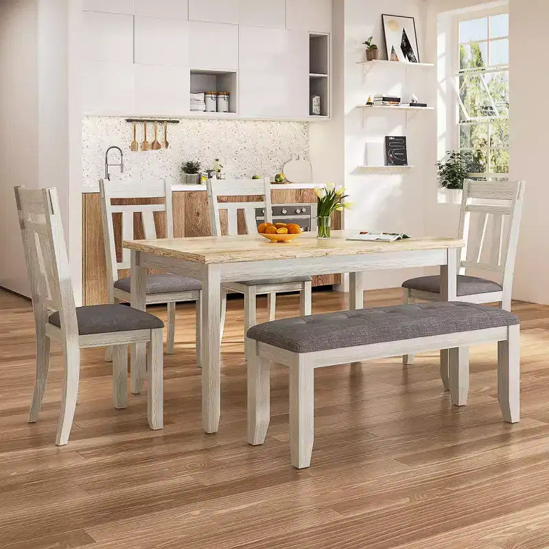 6-Piece Rustic Dining Table Set with 4 Upholstered Chairs & Bench – Rubber Wood Legs, Gray