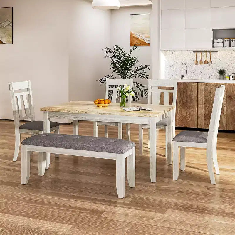6-Piece Rustic Dining Table Set with 4 Upholstered Chairs & Bench – Rubber Wood Legs, Gray