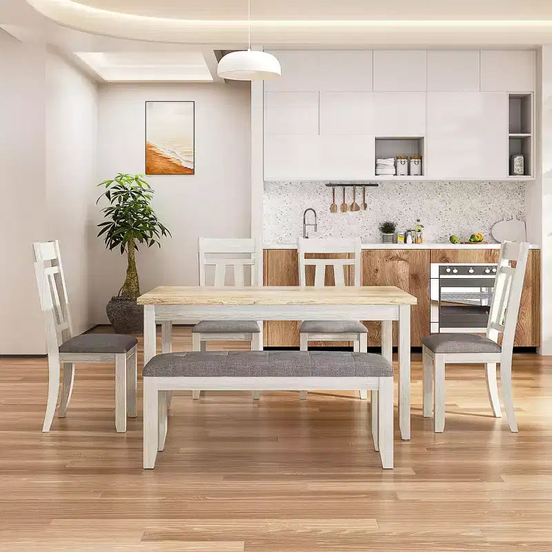 6-Piece Rustic Dining Table Set with 4 Upholstered Chairs & Bench – Rubber Wood Legs, Gray