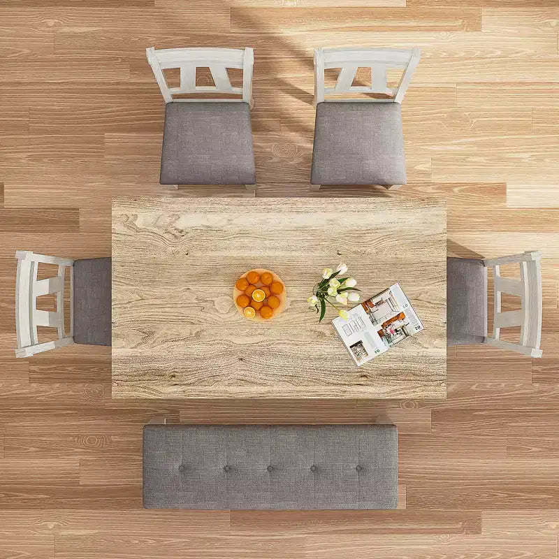 6-Piece Rustic Dining Table Set with 4 Upholstered Chairs & Bench – Rubber Wood Legs, Gray