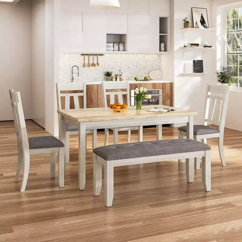 6-Piece Rustic Dining Table Set with 4 Upholstered Chairs & Bench – Rubber Wood Legs, Gray