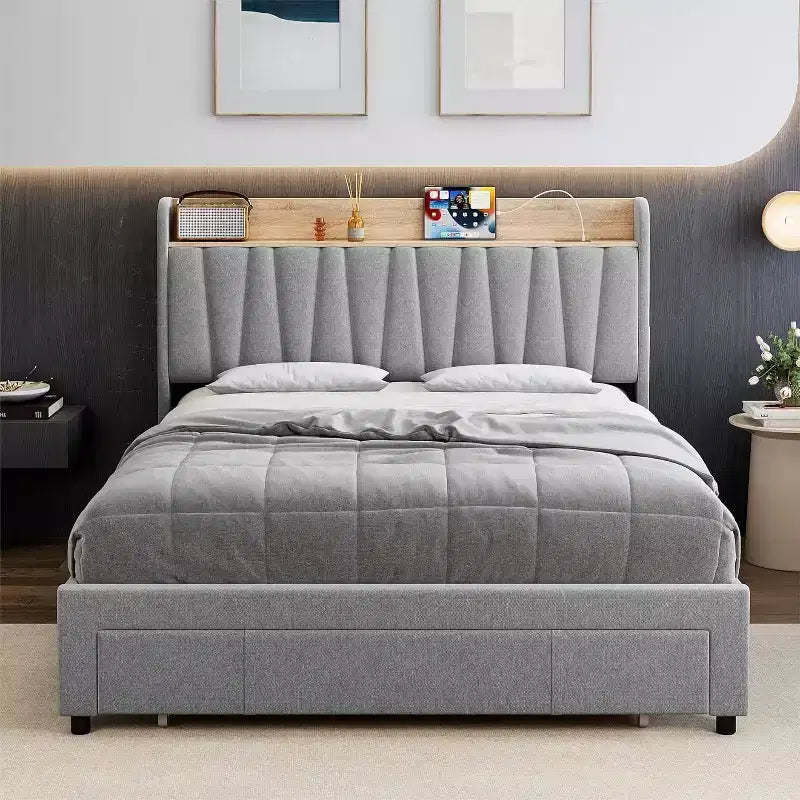 Full/Queen Size Upholstered Bed Frame with Storage Headboard, Drawer, Charging Station, Linen Platform, No Box Spring Needed