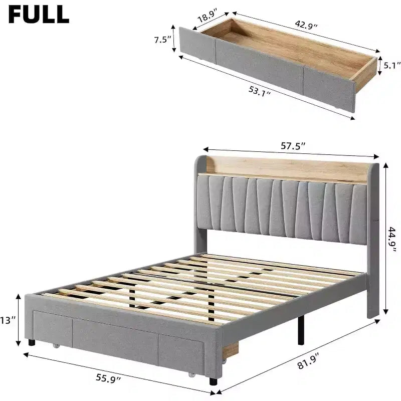 Full/Queen Size Upholstered Bed Frame with Storage Headboard, Drawer, Charging Station, Linen Platform, No Box Spring Needed