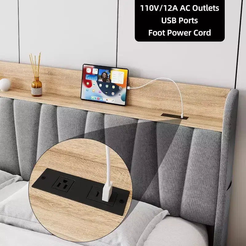 Full/Queen Size Upholstered Bed Frame with Storage Headboard, Drawer, Charging Station, Linen Platform, No Box Spring Needed