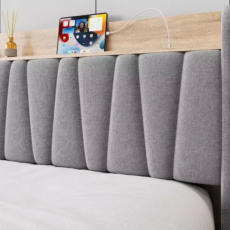 Full/Queen Size Upholstered Bed Frame with Storage Headboard, Drawer, Charging Station, Linen Platform, No Box Spring Needed