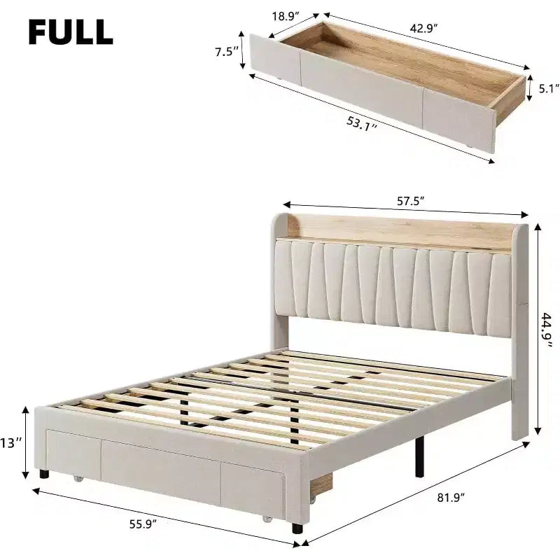 Full/Queen Size Upholstered Bed Frame with Storage Headboard, Drawer, Charging Station, Linen Platform, No Box Spring Needed