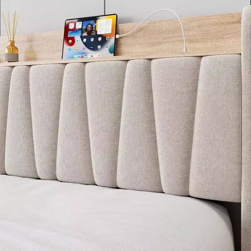 Full/Queen Size Upholstered Bed Frame with Storage Headboard, Drawer, Charging Station, Linen Platform, No Box Spring Needed