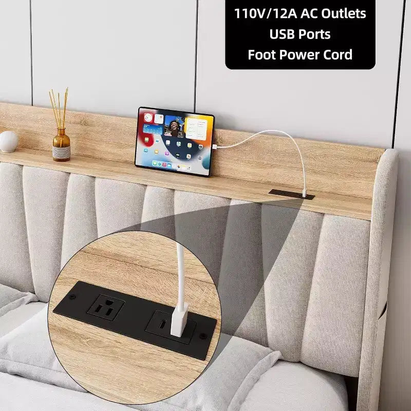 Full/Queen Size Upholstered Bed Frame with Storage Headboard, Drawer, Charging Station, Linen Platform, No Box Spring Needed