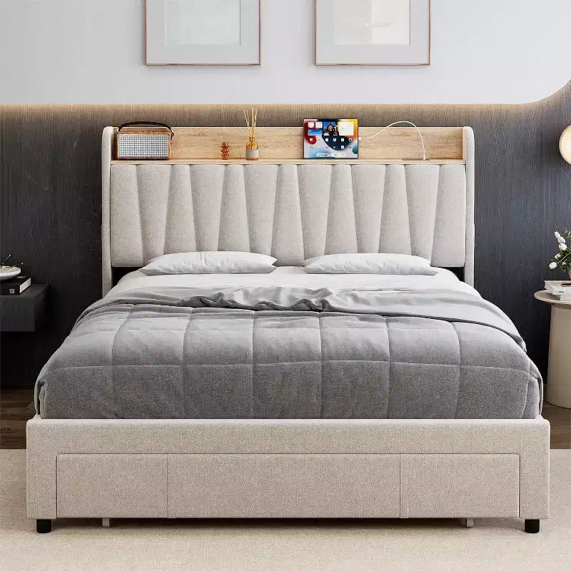 Full/Queen Size Upholstered Bed Frame with Storage Headboard, Drawer, Charging Station, Linen Platform, No Box Spring Needed
