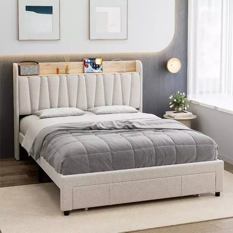 Full/Queen Size Upholstered Bed Frame with Storage Headboard, Drawer, Charging Station, Linen Platform, No Box Spring Needed