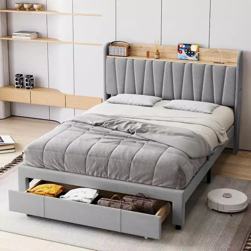 Full/Queen Size Upholstered Bed Frame with Storage Headboard, Drawer, Charging Station, Linen Platform, No Box Spring Needed