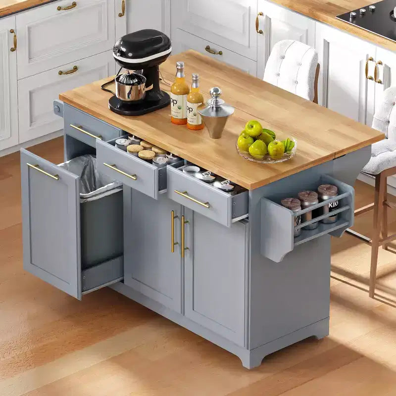 Whisen 59.3 Isola da Cucina, 2 Organizer Estraibili, Ribalta, Contenitore per Immondizia e Porta Spezie