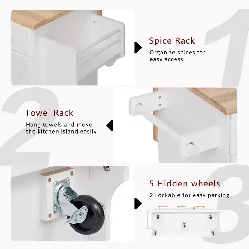 Whisen 59.3 Isola da Cucina, 2 Organizer Estraibili, Ribalta, Contenitore per Immondizia e Porta Spezie