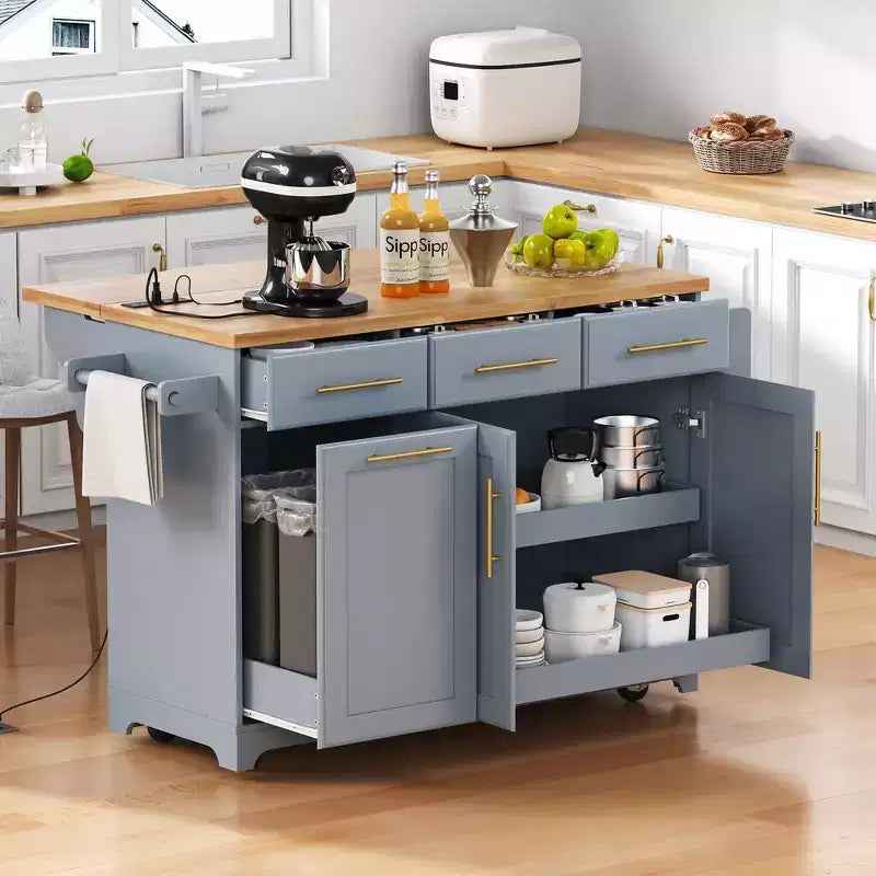 Whisen 59.3 Isola da Cucina, 2 Organizer Estraibili, Ribalta, Contenitore per Immondizia e Porta Spezie