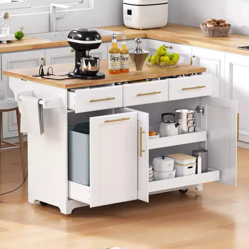 Whisen 59.3 Isola da Cucina, 2 Organizer Estraibili, Ribalta, Contenitore per Immondizia e Porta Spezie