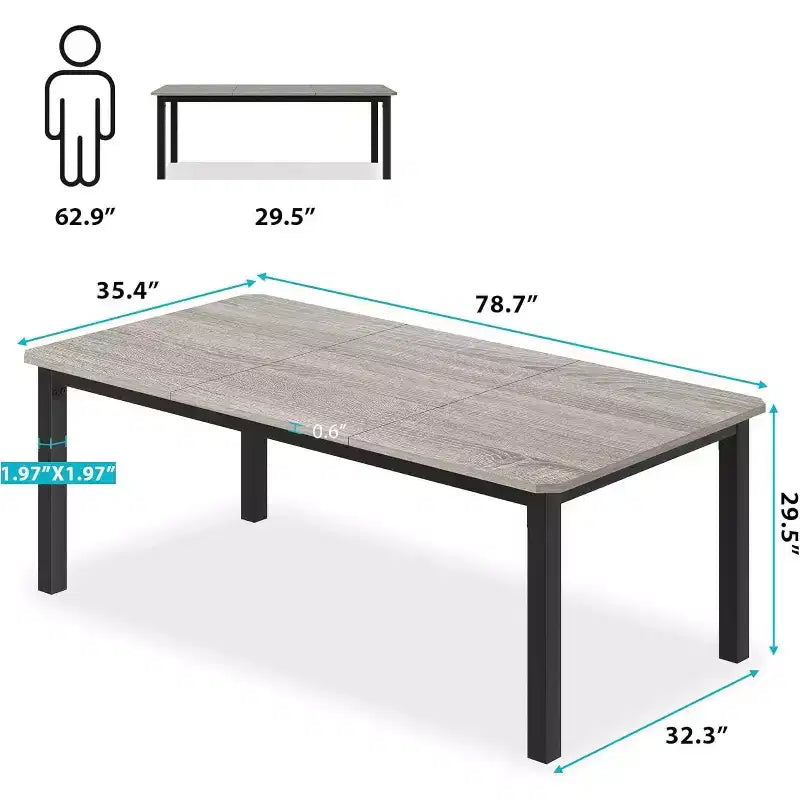 78.7" Industrial Dining Table for 6–8 People – Wood Top & Sturdy Metal Frame