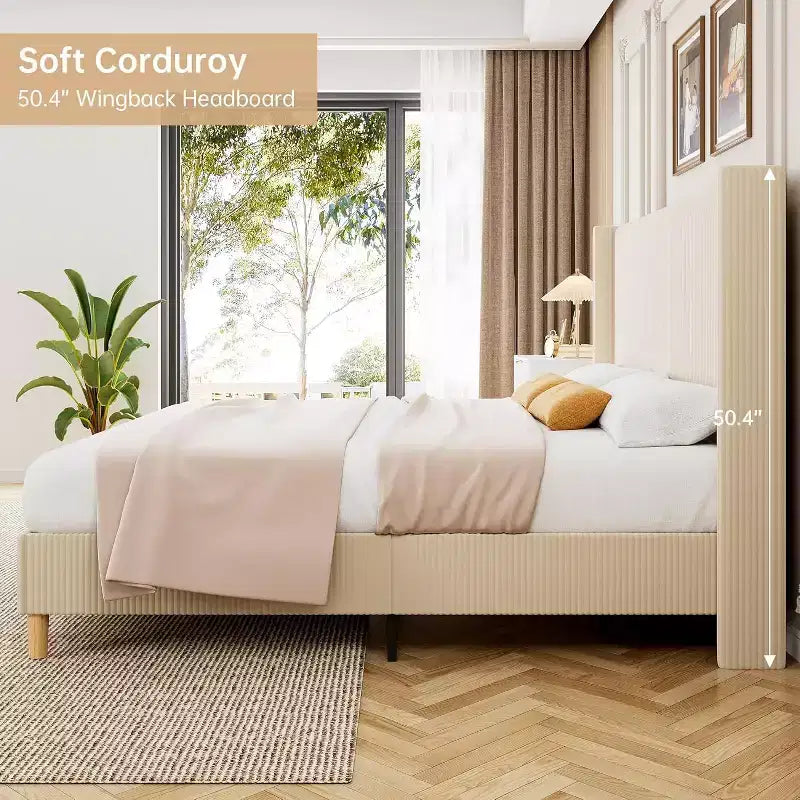 Struttura Letto, Letto Imbottito con Base a Piattaforma in Velluto a Coste e Testiera con Ali Verticali a Canali, Robuste Doghe in Legno, Nessun Box Spring Necessario