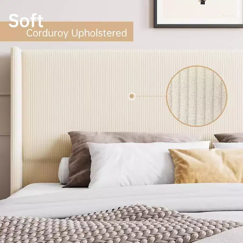Struttura Letto, Letto Imbottito con Base a Piattaforma in Velluto a Coste e Testiera con Ali Verticali a Canali, Robuste Doghe in Legno, Nessun Box Spring Necessario