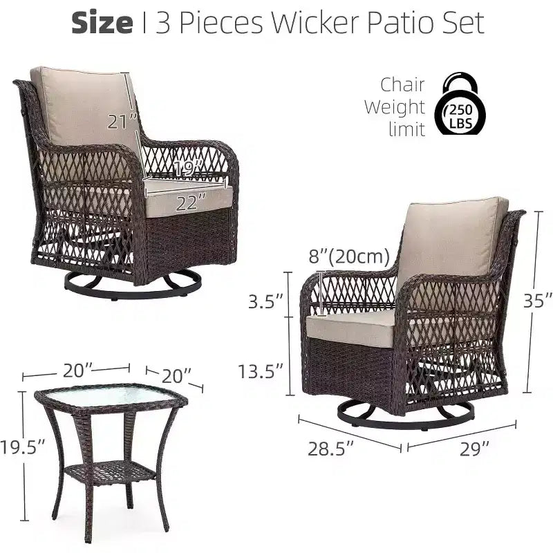Set Acekool da 3 pezzi con poltrone a dondolo girevoli – Rattan da esterno con tavolino laterale