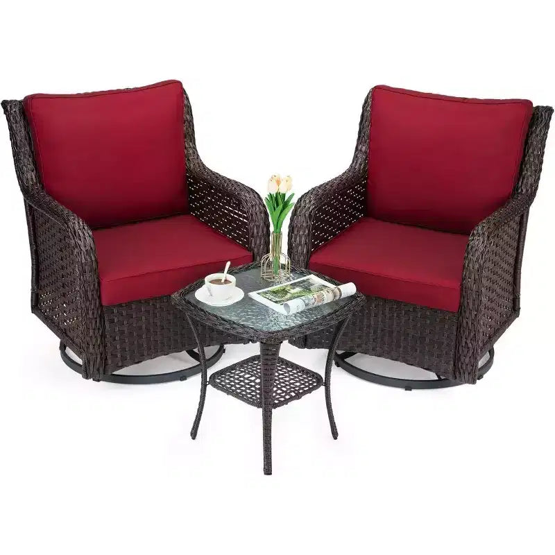 Set Acekool da 3 pezzi con poltrone a dondolo girevoli – Rattan da esterno con tavolino laterale