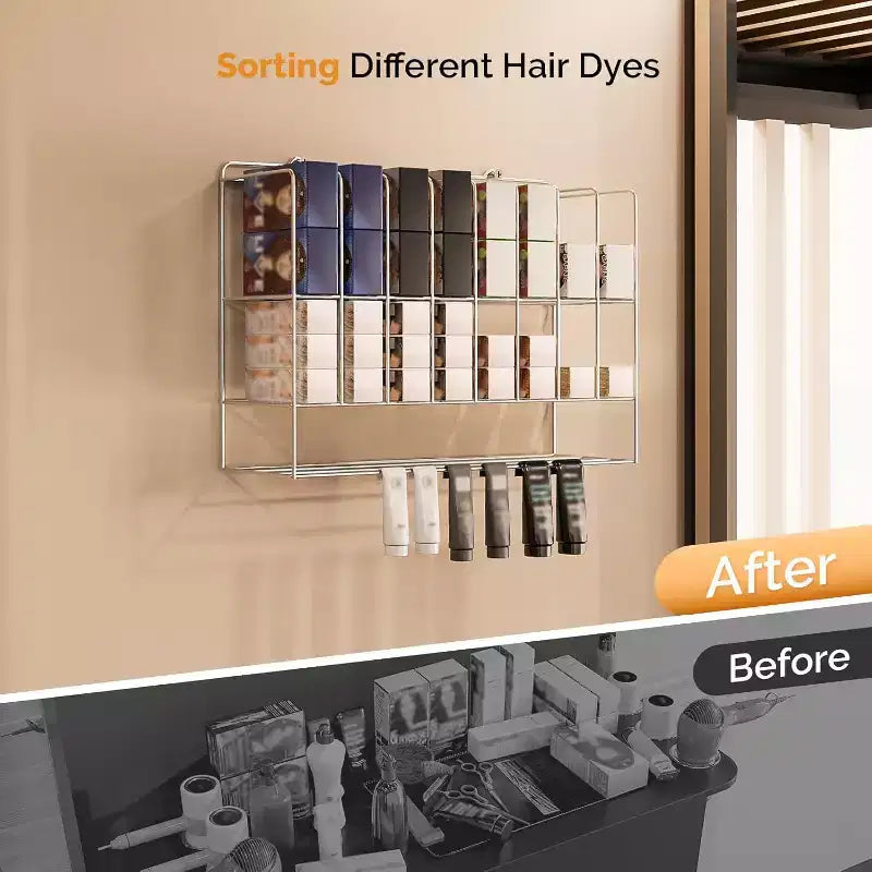 Espositore per Colori per Capelli, Portaoggetti da Parete a 2 Livelli in Metallo per Tubetti di Tinta per Capelli, Argento