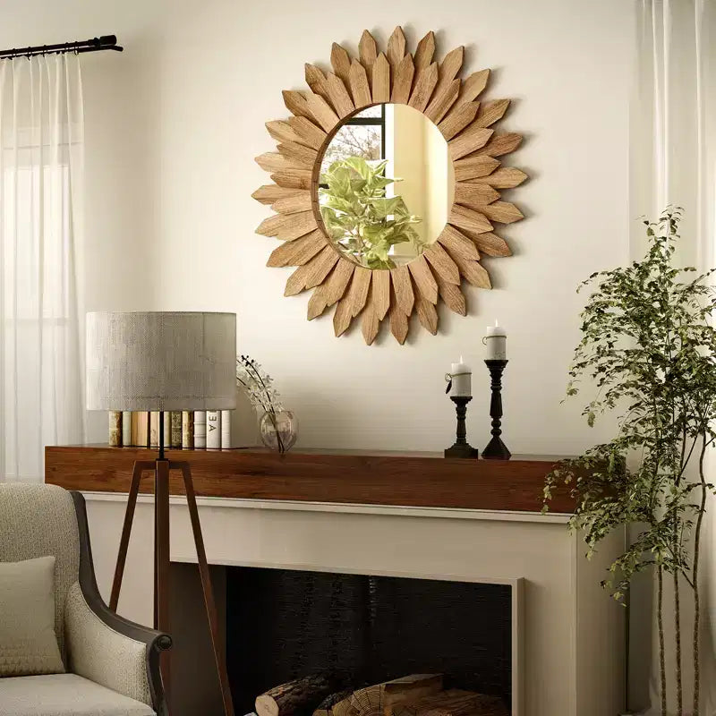 20" Round Sunflower Boho Wall Mirror – Natural Wood Frame for Living Room & Bedroom