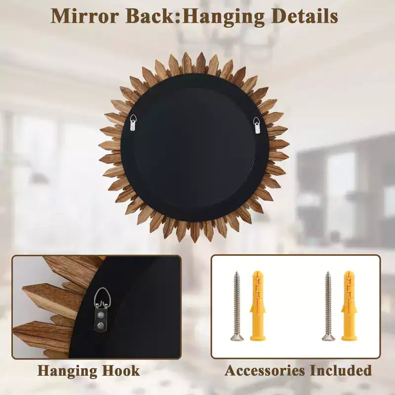 20" Round Sunflower Boho Wall Mirror – Natural Wood Frame for Living Room & Bedroom