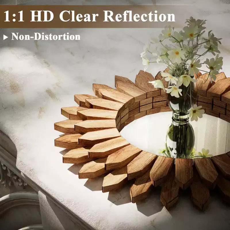 20" Round Sunflower Boho Wall Mirror – Natural Wood Frame for Living Room & Bedroom