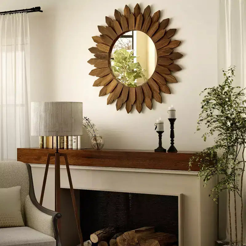 20" Round Sunflower Boho Wall Mirror – Natural Wood Frame for Living Room & Bedroom