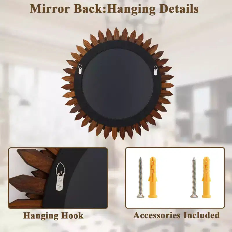 20" Round Sunflower Boho Wall Mirror – Natural Wood Frame for Living Room & Bedroom