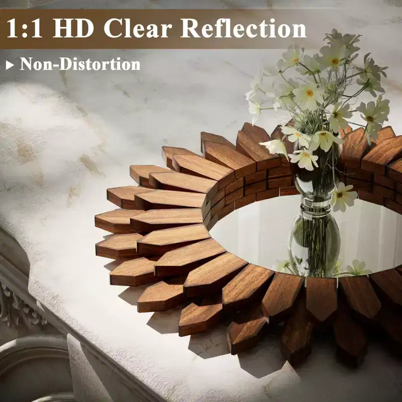 20" Round Sunflower Boho Wall Mirror – Natural Wood Frame for Living Room & Bedroom