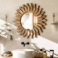 20" Round Sunflower Boho Wall Mirror – Natural Wood Frame for Living Room & Bedroom