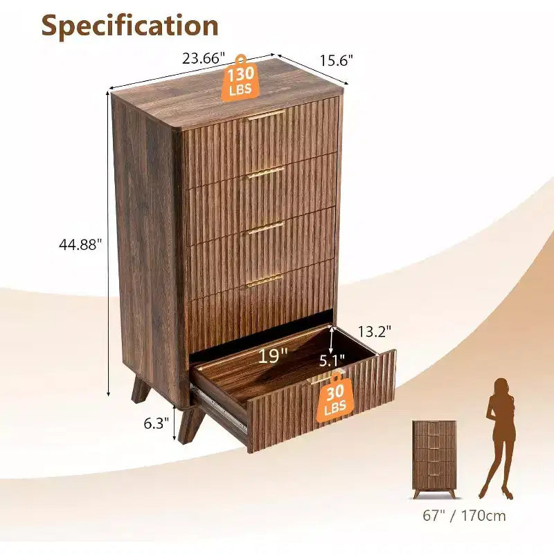 Fluted Tall 5-Drawer Dresser – Walnut Wood, Mid-Century Modern Chest of Drawers