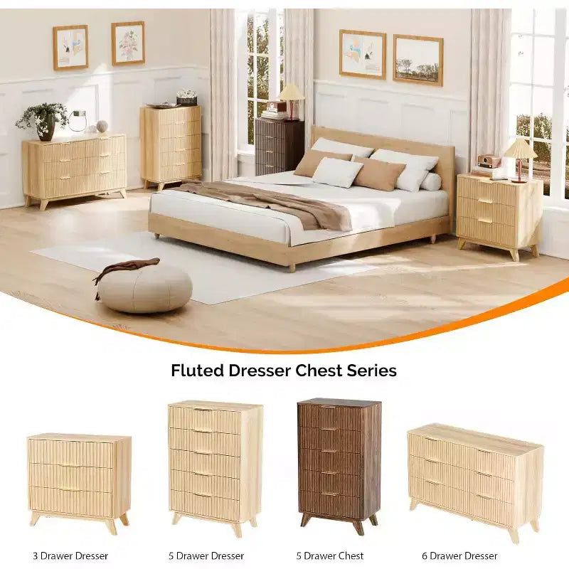 Fluted Tall 5-Drawer Dresser – Walnut Wood, Mid-Century Modern Chest of Drawers