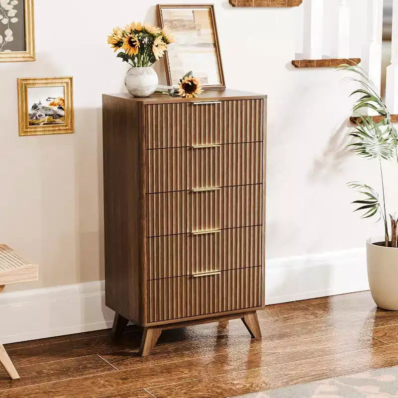 Fluted Tall 5-Drawer Dresser – Walnut Wood, Mid-Century Modern Chest of Drawers