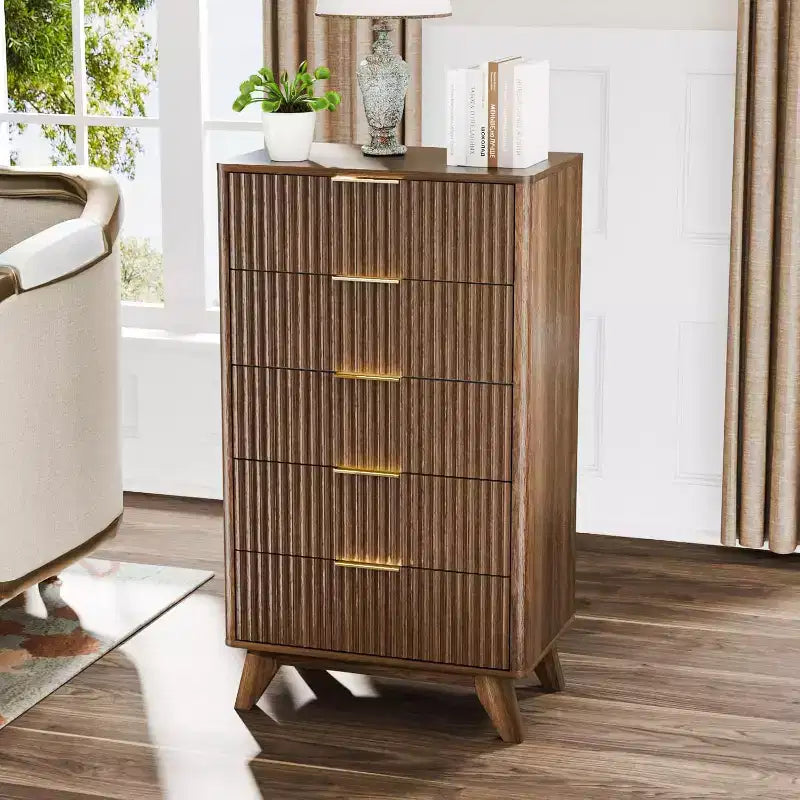 Fluted Tall 5-Drawer Dresser – Walnut Wood, Mid-Century Modern Chest of Drawers