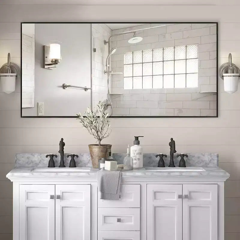 34"W x 71"H Rectangular Black Metal Framed Bathroom Wall Mirror