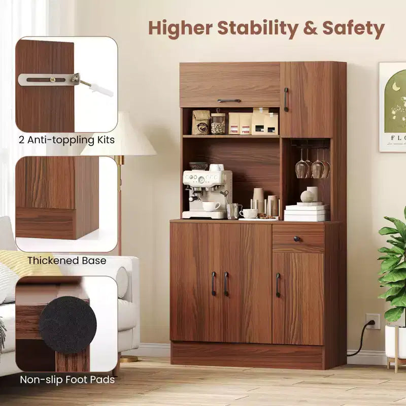 66" Tall Kitchen Pantry Cabinet with Built-In Charging Station – Brown