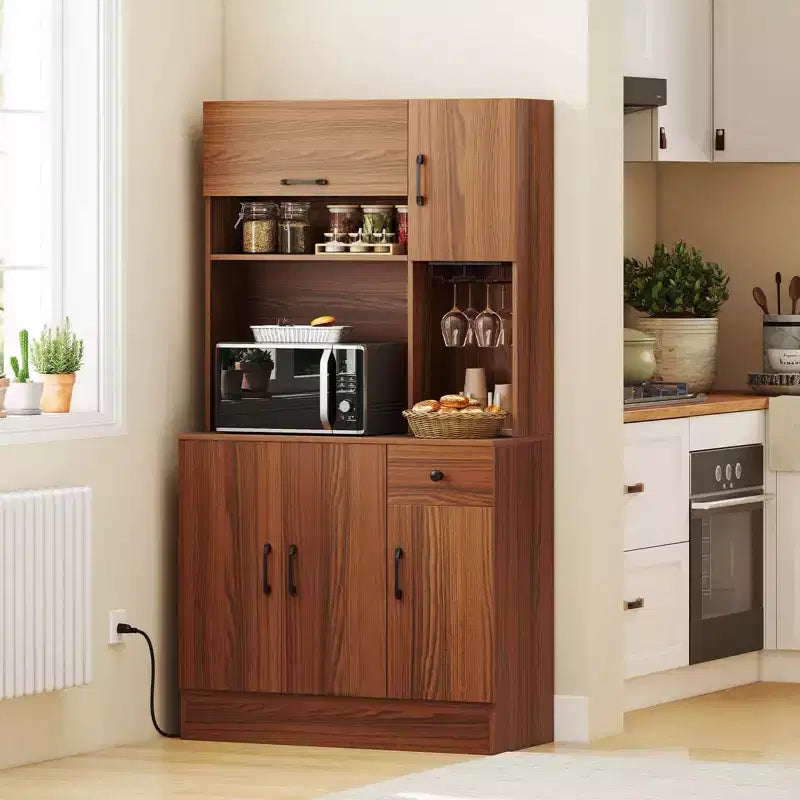 66" Tall Kitchen Pantry Cabinet with Built-In Charging Station – Brown